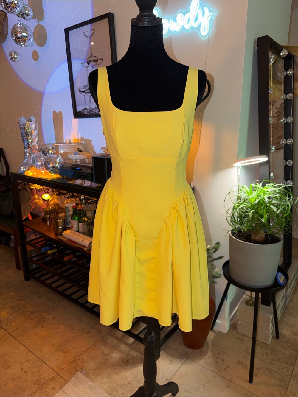 Yellow Square-Neck Fit & Flare Dress